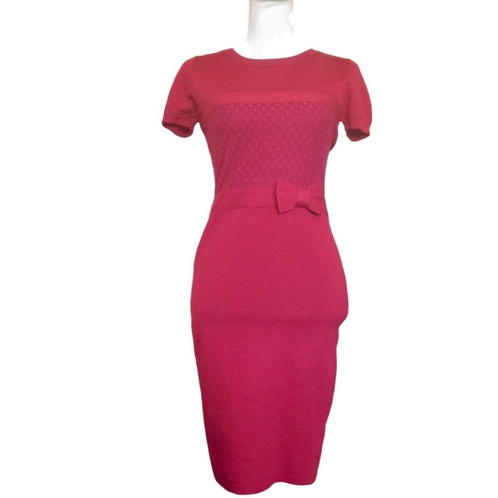 Womens Small 4 6 Red Fitted Sweater Dress Wiggle Bow Heart Lace Overlay